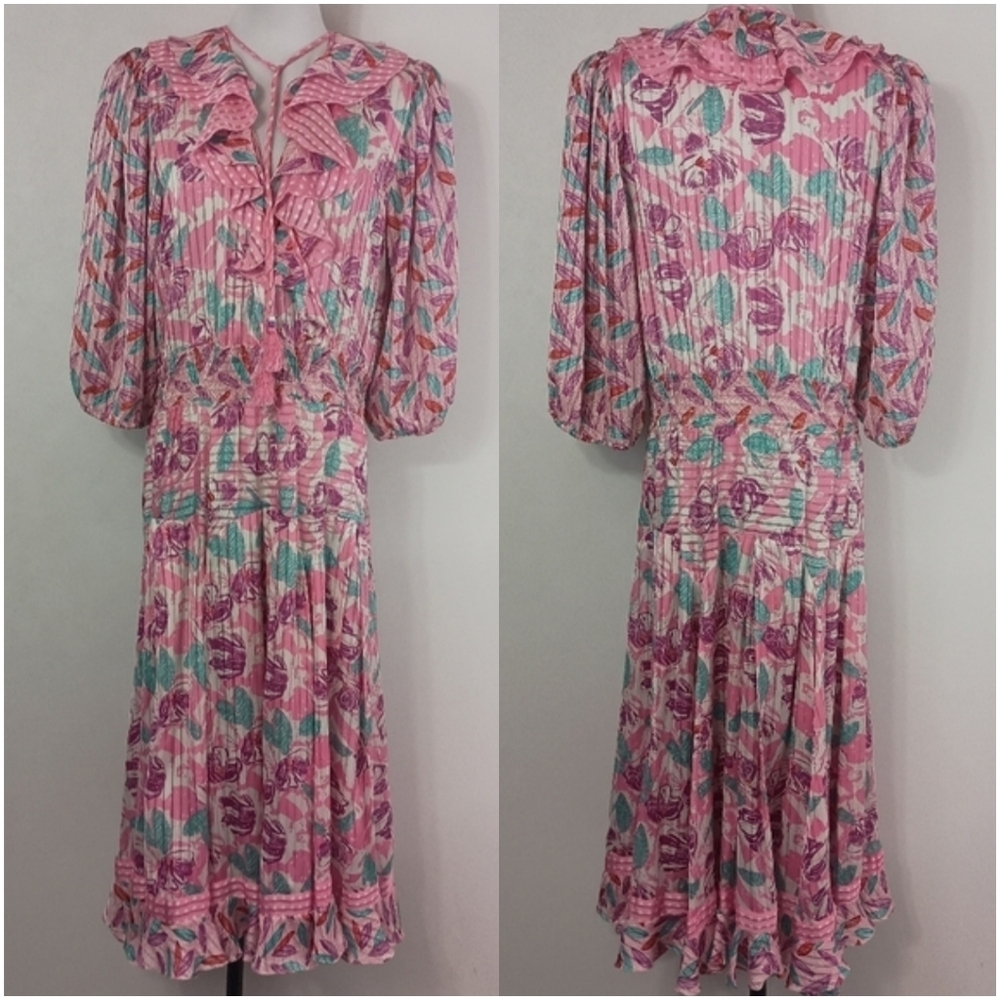Vintage 80s Diane Freis Women's Multicolored Leaves Striped Midi Dress Artsy